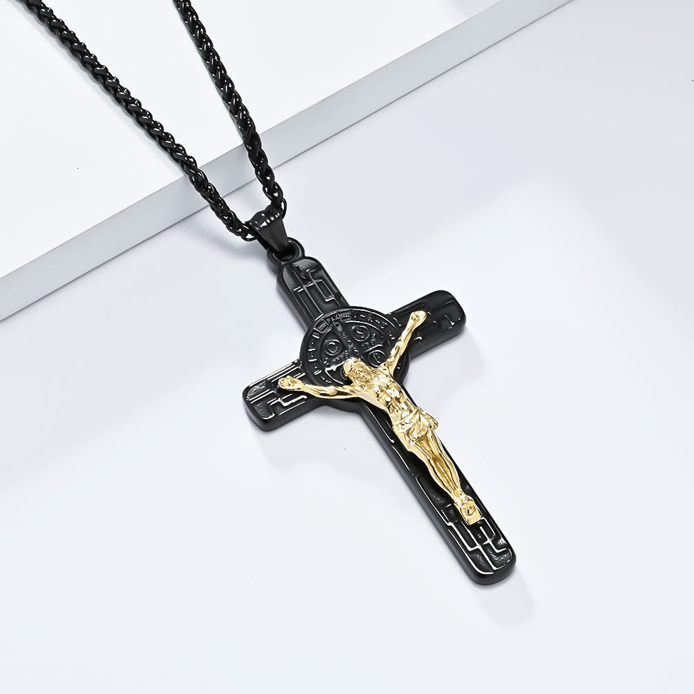 Christianartworkshop Halskette mit Anhänger im klassischen Retro-Stil mit Kruzifix und St. Benedikt-Medaille, Schutz