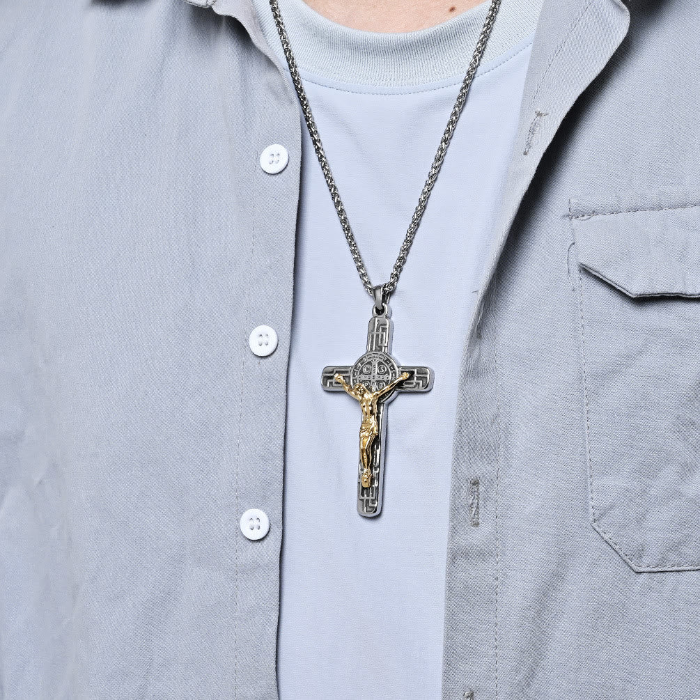 Christianartworkshop Halskette mit Anhänger im klassischen Retro-Stil mit Kruzifix und St. Benedikt-Medaille, Schutz