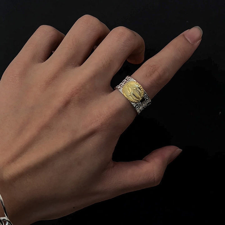 Christianartworkshop Verstellbarer Ring im Retro-Stil, zweifarbig, goldene Wundertätige Medaille, Segen Maria, Legierung