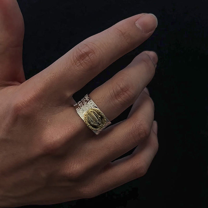 Christianartworkshop Verstellbarer Ring im Retro-Stil, zweifarbig, goldene Wundertätige Medaille, Segen Maria, Legierung
