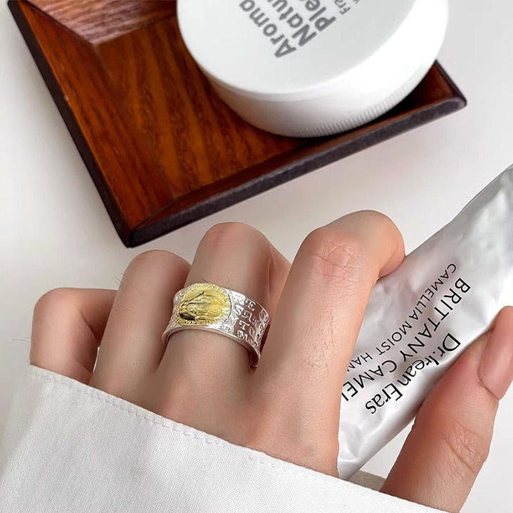 Christianartworkshop Verstellbarer Ring im Retro-Stil, zweifarbig, goldene Wundertätige Medaille, Segen Maria, Legierung