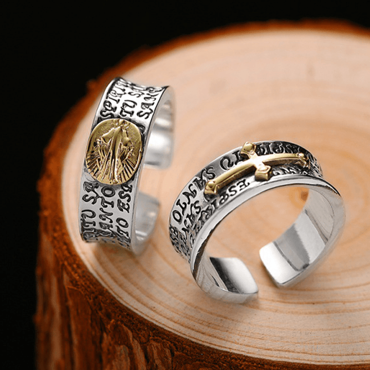 Christianartworkshop Verstellbarer Ring im Retro-Stil, zweifarbig, goldene Wundertätige Medaille, Segen Maria, Legierung