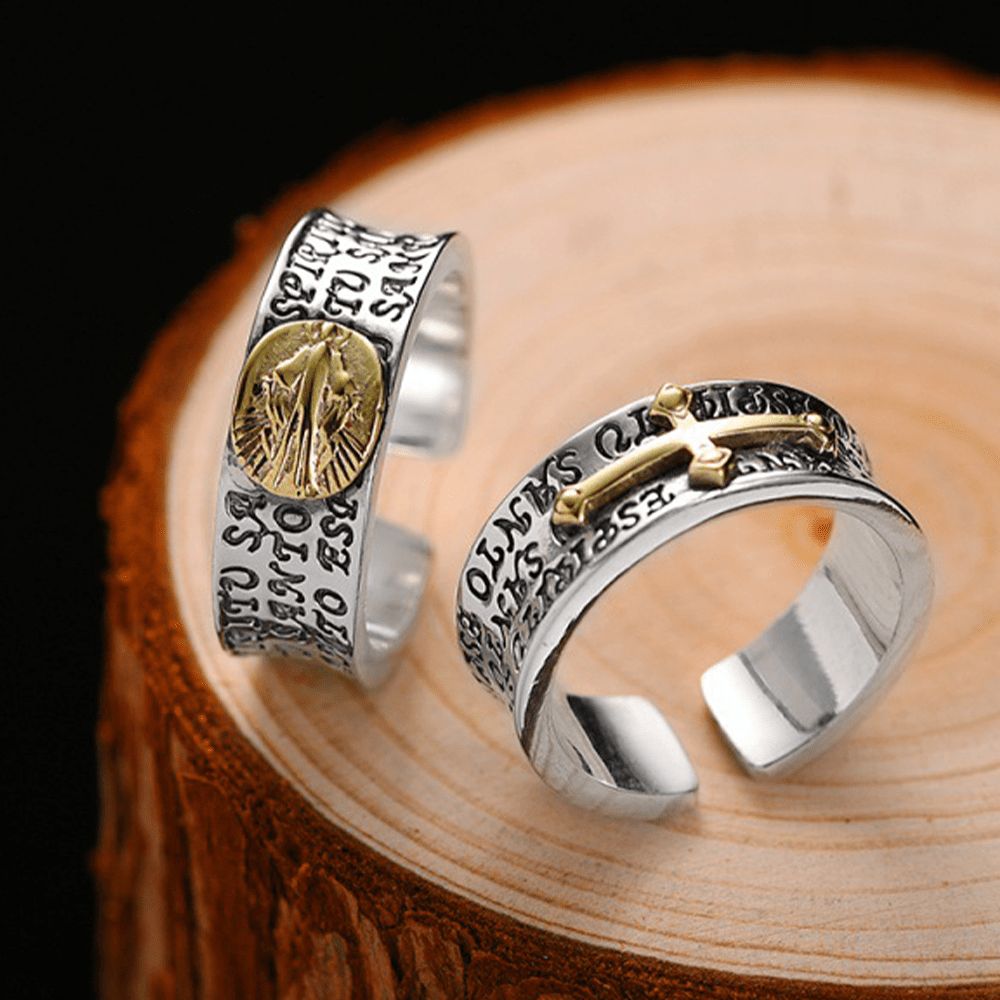 Christianartworkshop Retro-Ring aus zweifarbiger Goldlegierung mit Wundermedaille und Segenssymbol Maria - Wundermedaille (Geeignet für US-Größen 7-9) - image 0
