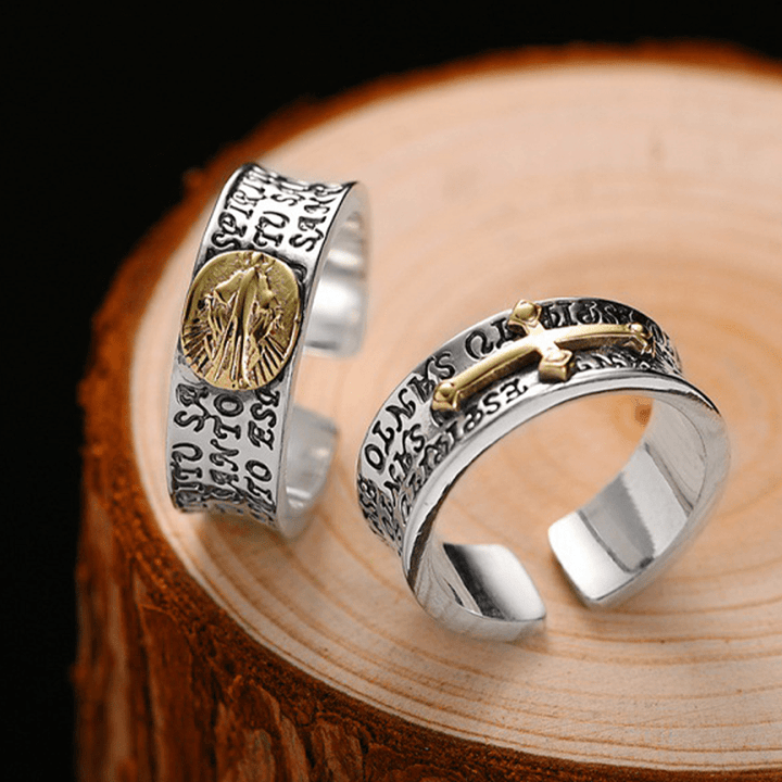 Christianartworkshop Retro-Ring aus zweifarbiger Goldlegierung mit Wundermedaille und Segenssymbol Maria - Wundermedaille (Geeignet für US-Größen 7-9) - image 0