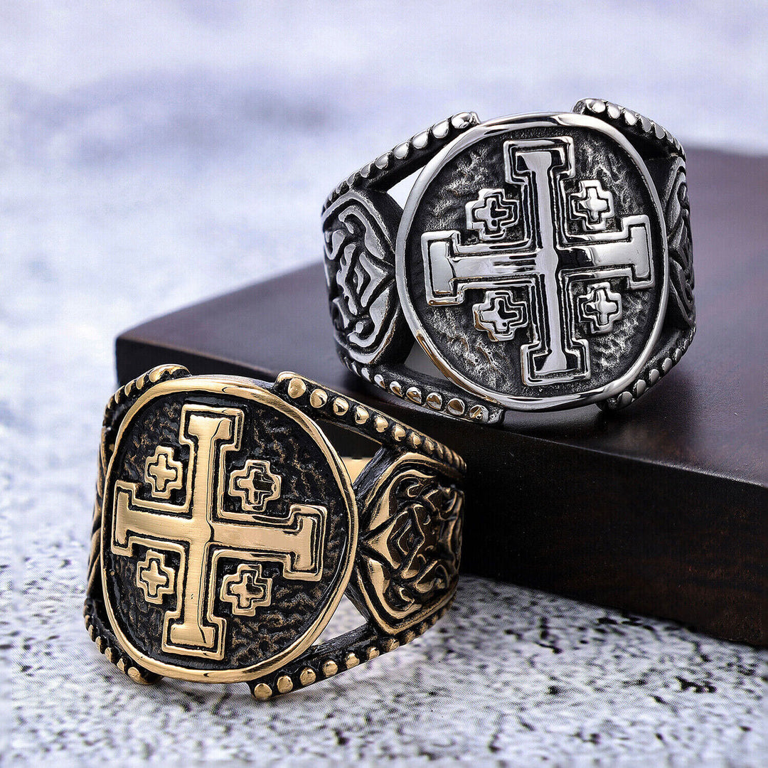 Christianartworkshop Klassischer Ring im alten Handwerksstil mit Jerusalem-Kreuz-Symbol, Legierung