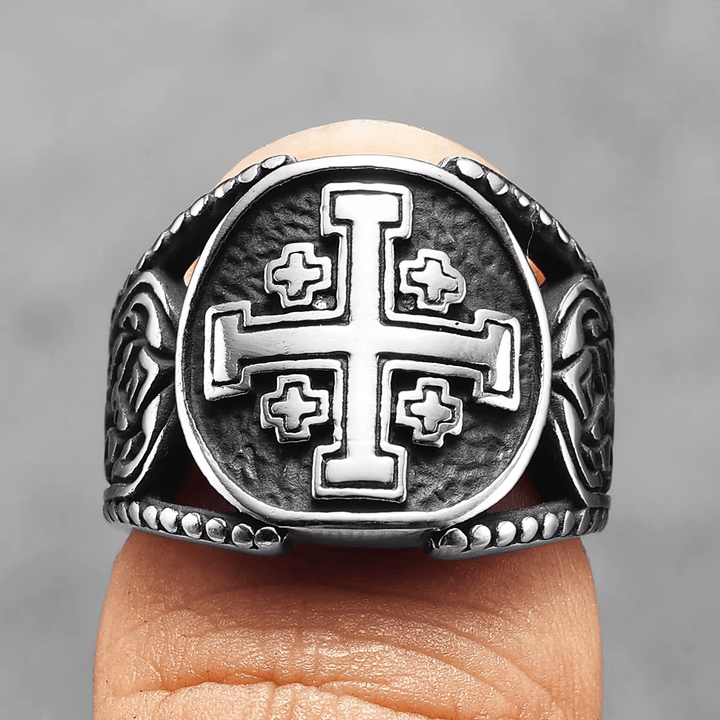 Christianartworkshop Klassischer Ring im alten Handwerksstil mit Jerusalem-Kreuz-Symbol, Legierung