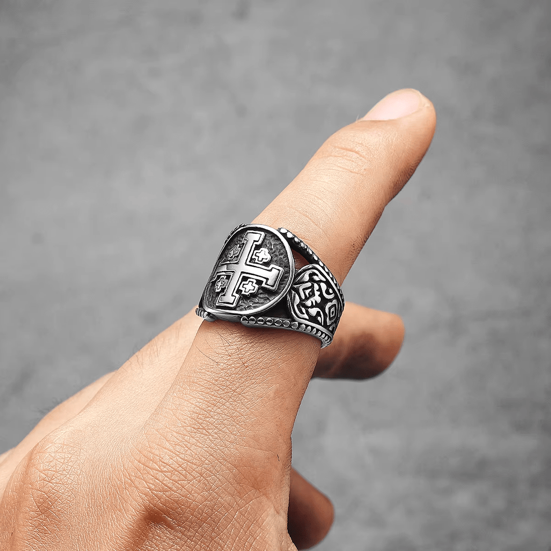 Christianartworkshop Klassischer Ring im alten Handwerksstil mit Jerusalem-Kreuz-Symbol, Legierung