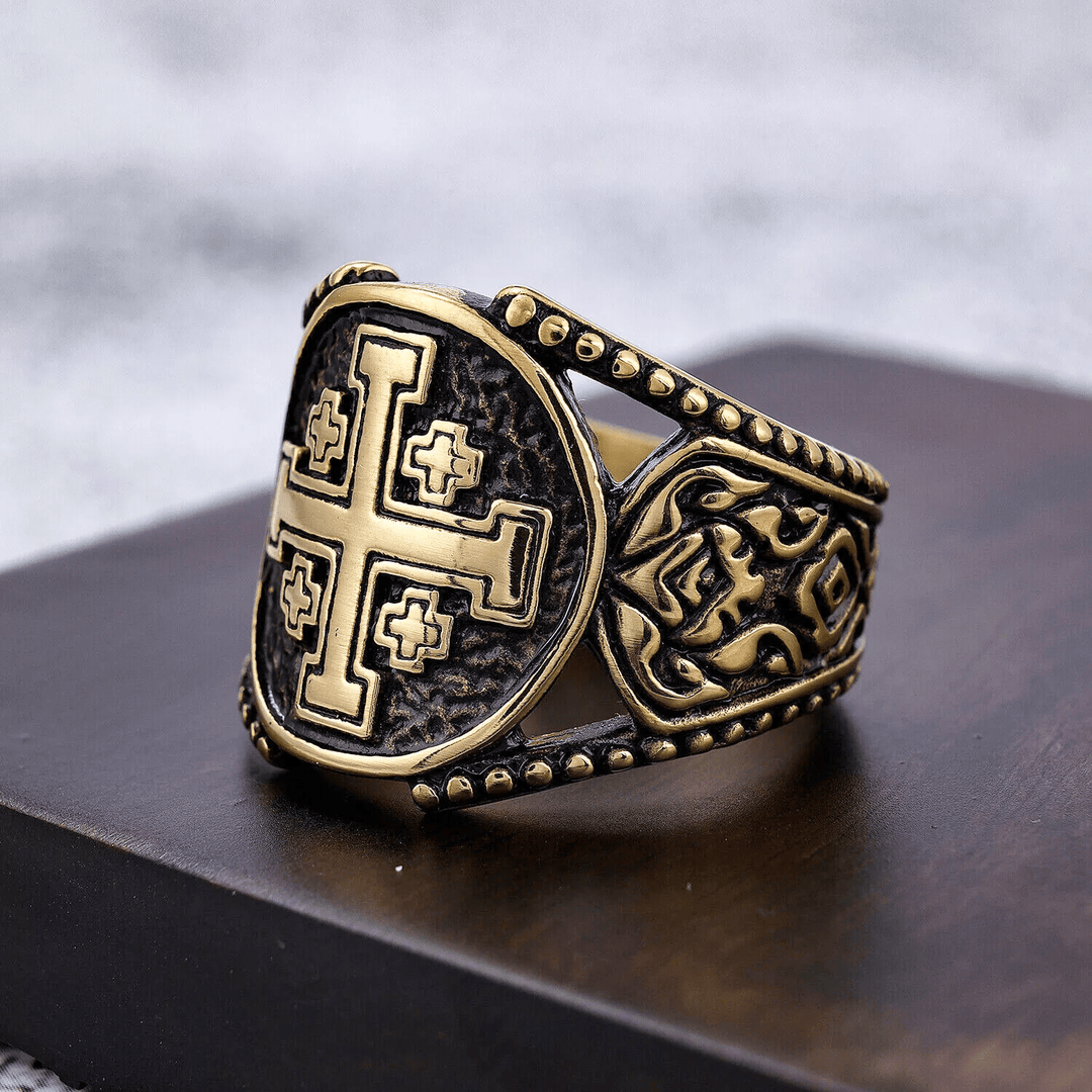 Christianartworkshop Klassischer Stil, alte Handwerkskunst, Ring mit Jerusalemkreuz-Symbol aus einer Legierung - Golden - US 15 - image 5