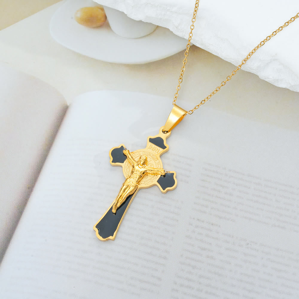 Christianartworkshop Halskette mit Anhänger im modernen, klassischen Stil, mehrfarbiges Kruzifix mit der St. Benedikt-Medaille und Schutzsymbol (8 Farben) - Goldton-SCHWARZ - image 4