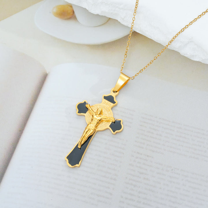 Christianartworkshop Halskette mit Anhänger im modernen, klassischen Stil, mehrfarbiges Kruzifix mit der St. Benedikt-Medaille und Schutzsymbol (8 Farben) - Goldton-SCHWARZ - image 4