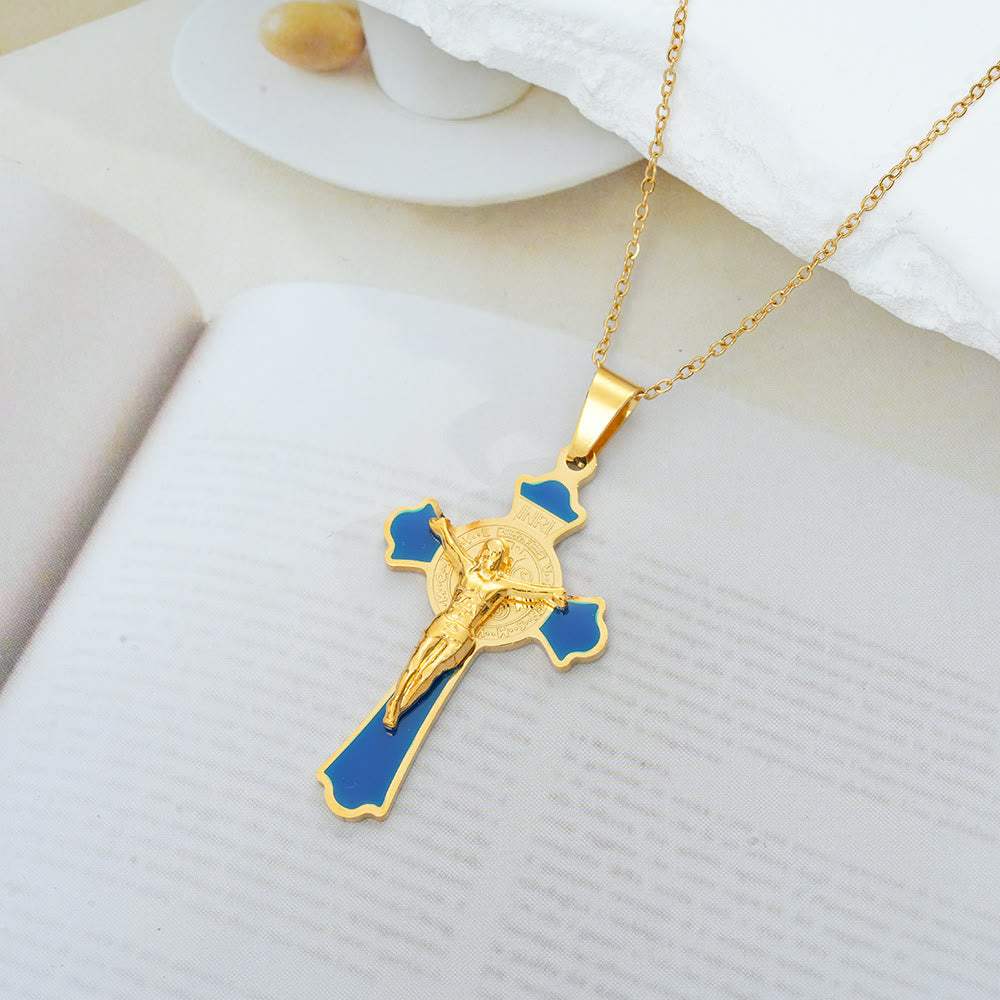 Christianartworkshop Halskette mit Anhänger im modernen, klassischen Stil, mehrfarbiges Kruzifix mit der St. Benedikt-Medaille und Schutzsymbol (8 Farben) - Goldton-BLAU - image 2