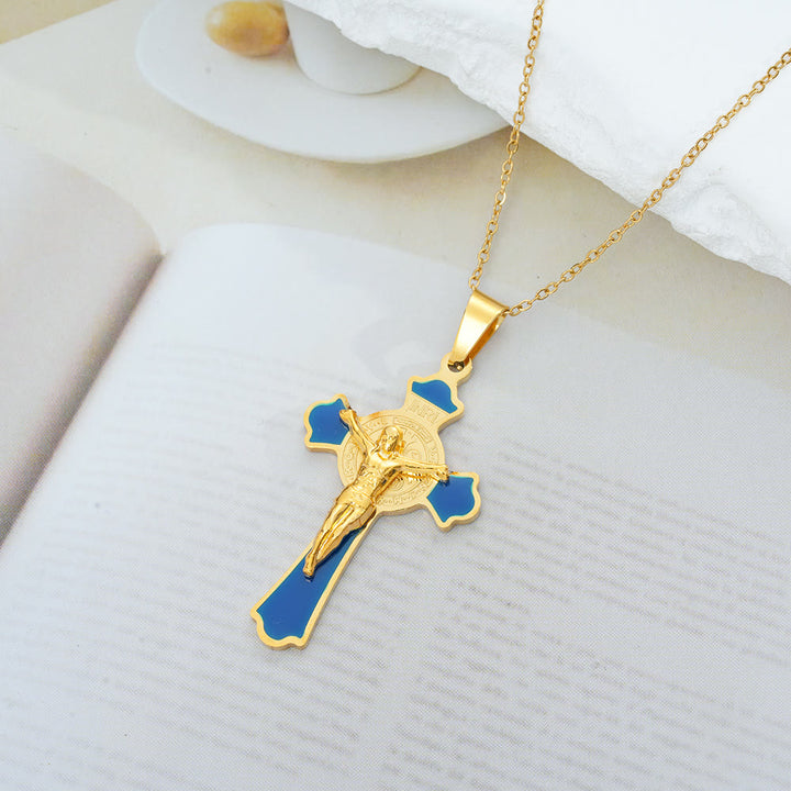 Christianartworkshop Halskette mit Anhänger im modernen, klassischen Stil, mehrfarbiges Kruzifix mit der St. Benedikt-Medaille und Schutzsymbol (8 Farben) - Goldton-BLAU - image 2