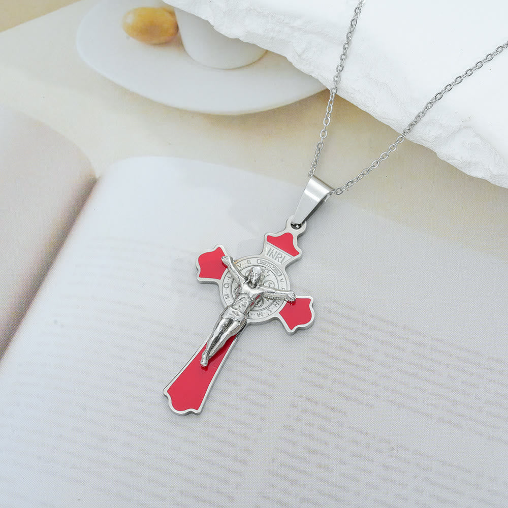 Christianartworkshop Halskette mit Anhänger im modernen, klassischen Stil, mehrfarbiges Kruzifix mit der St. Benedikt-Medaille und Schutzsymbol (8 Farben) - Silberton-ROT - image 1