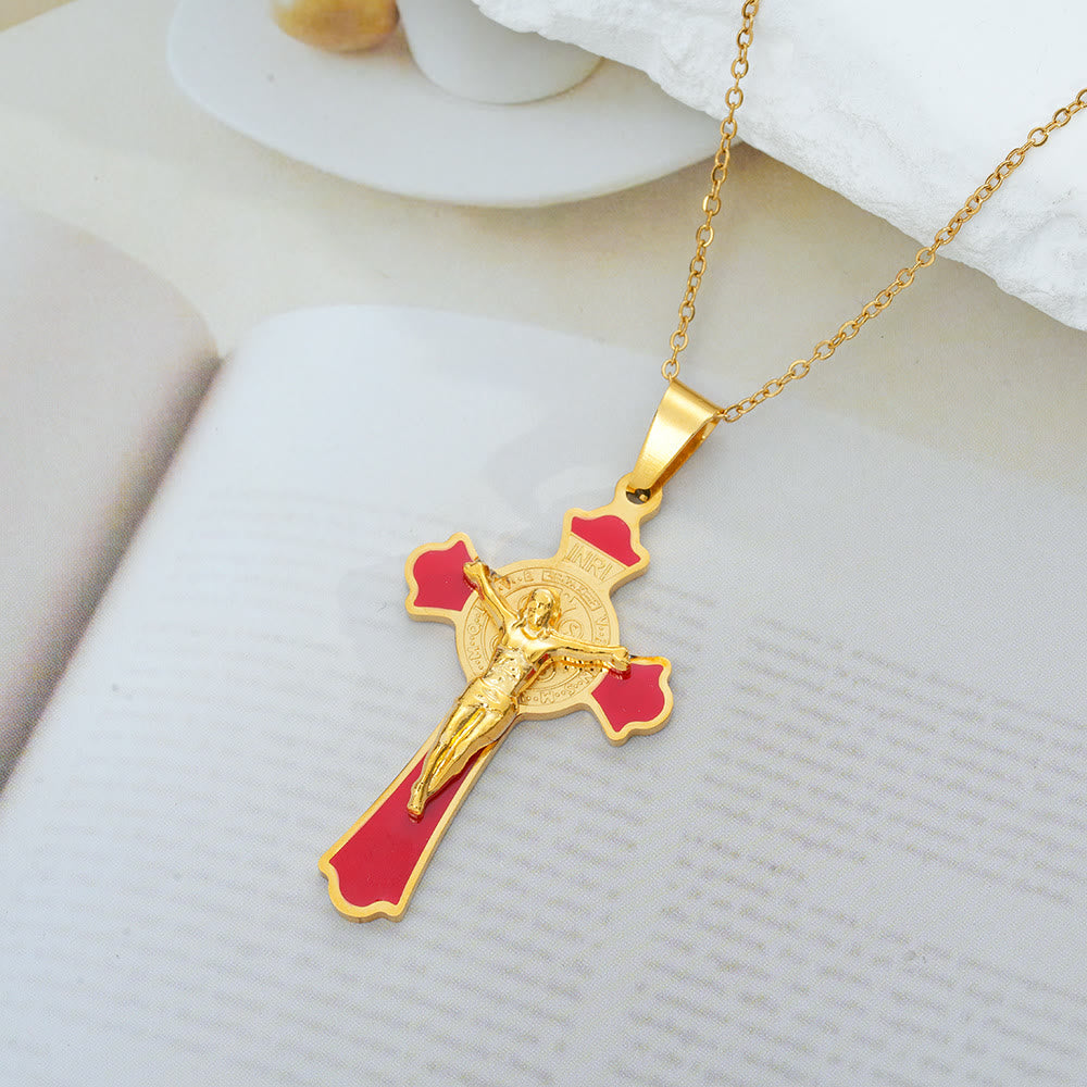 Christianartworkshop Halskette mit Anhänger im modernen, klassischen Stil, mehrfarbiges Kruzifix mit der St. Benedikt-Medaille und Schutzsymbol (8 Farben) - Goldton-ROT - image 0