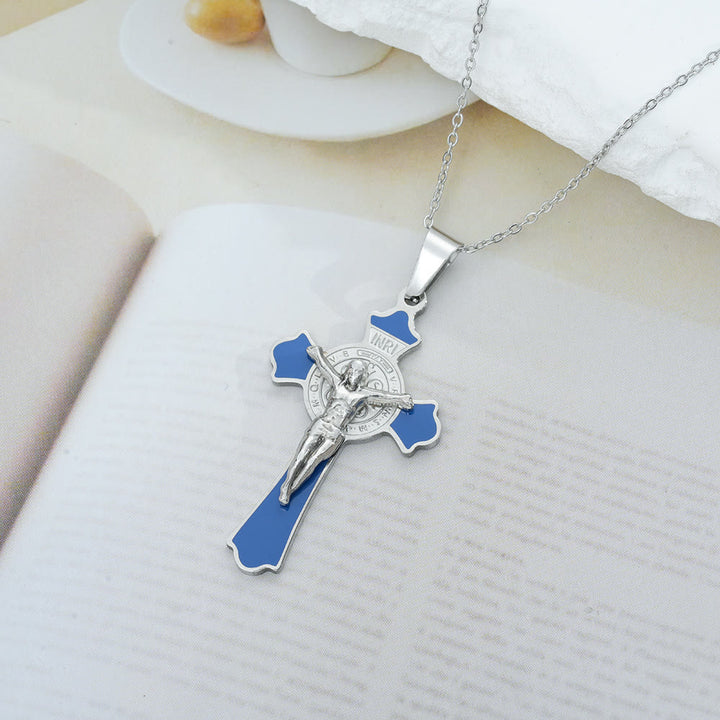 Christianartworkshop Halskette mit Anhänger im modernen, klassischen Stil, mehrfarbiges Kruzifix mit der St. Benedikt-Medaille und Schutzsymbol (8 Farben) - Silberton-BLAU - image 3