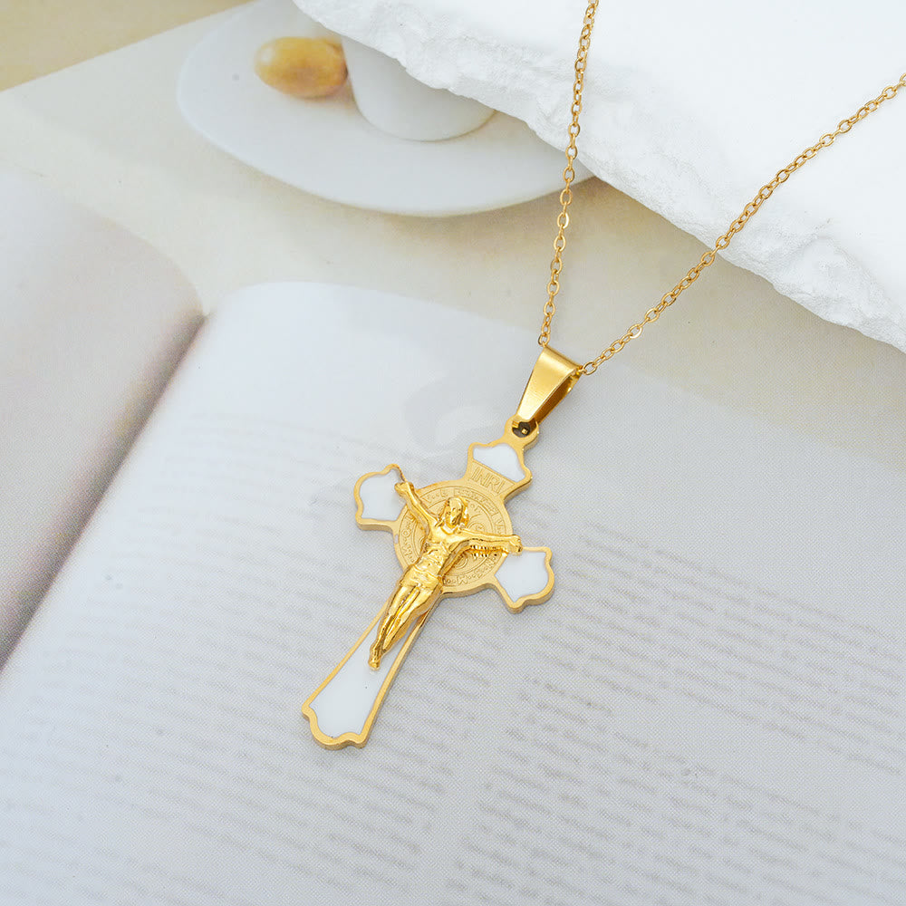 Christianartworkshop Halskette mit Anhänger im modernen, klassischen Stil, mehrfarbiges Kruzifix mit der St. Benedikt-Medaille und Schutzsymbol (8 Farben) - Goldton-WEISS - image 6