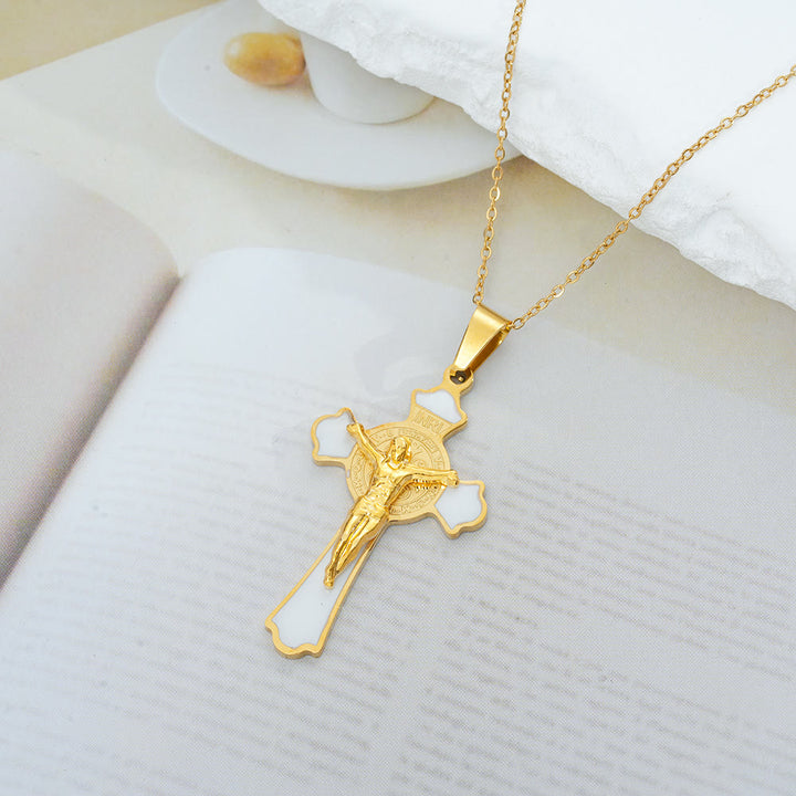 Christianartworkshop Halskette mit Anhänger im modernen, klassischen Stil, mehrfarbiges Kruzifix mit der St. Benedikt-Medaille und Schutzsymbol (8 Farben) - Goldton-WEISS - image 6