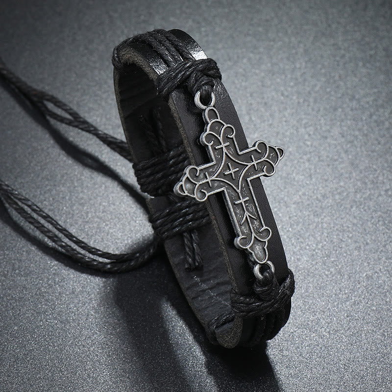 Christianartworkshop Armband mit Kreuzanhänger im alten Handwerksstil, Lederkordelzug, verstellbar, treu gebunden