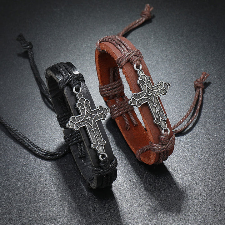 Christianartworkshop Armband mit Kreuzanhänger im alten Handwerksstil, Lederkordelzug, verstellbar, treu gebunden