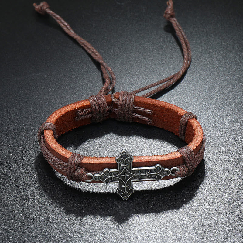 Christianartworkshop Armband mit Kreuzanhänger im alten Handwerksstil, Lederkordelzug, verstellbar, treu gebunden