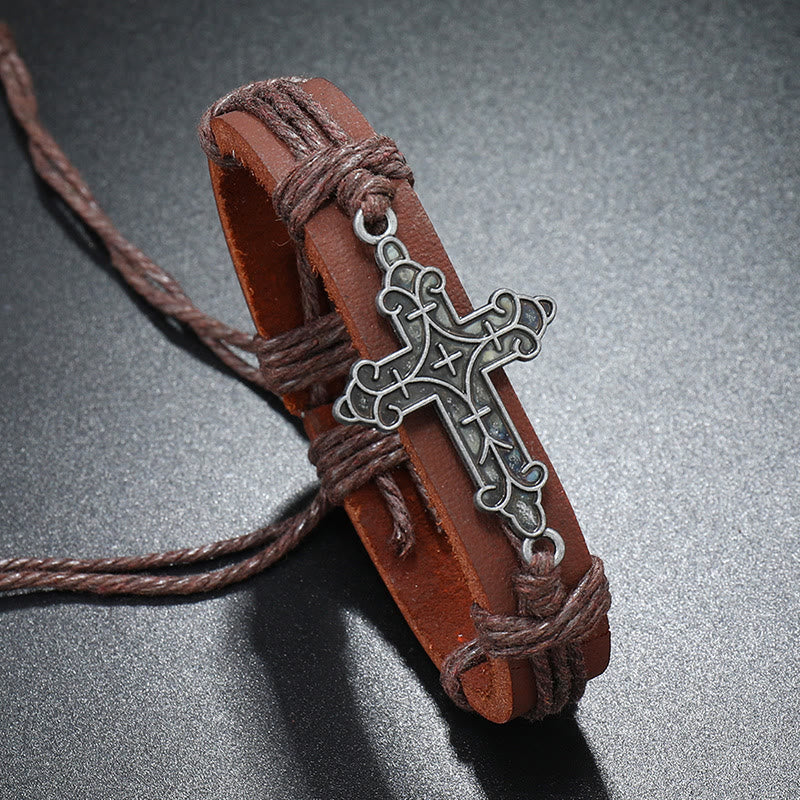 Christianartworkshop Armband mit Kreuzanhänger im alten Handwerksstil, Lederkordelzug, verstellbar, treu gebunden