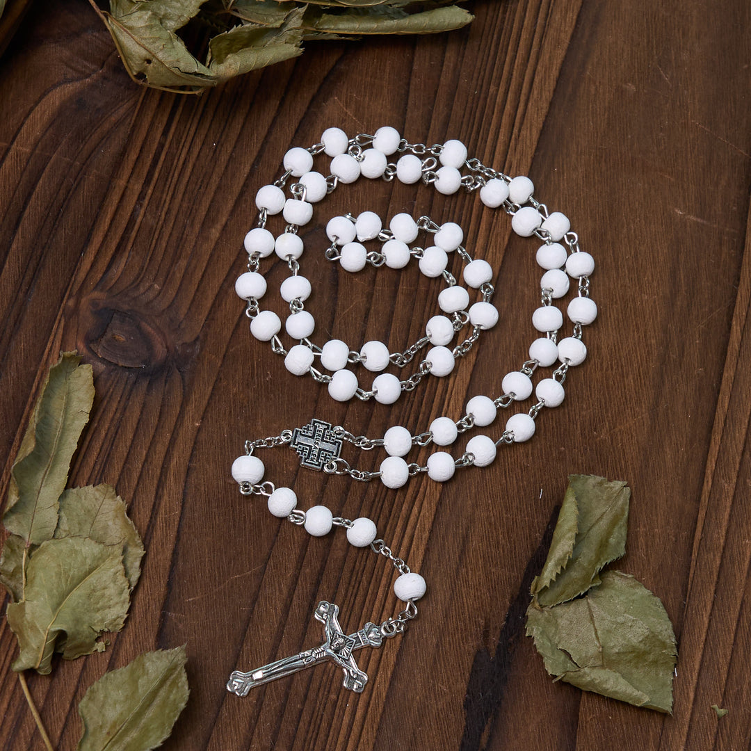 Christianartworkshop Jerusalem-Medaille und Kruzifix, 7 mm rund, weiße Rosenholzlegierung, Rosenkranzkette - image 15