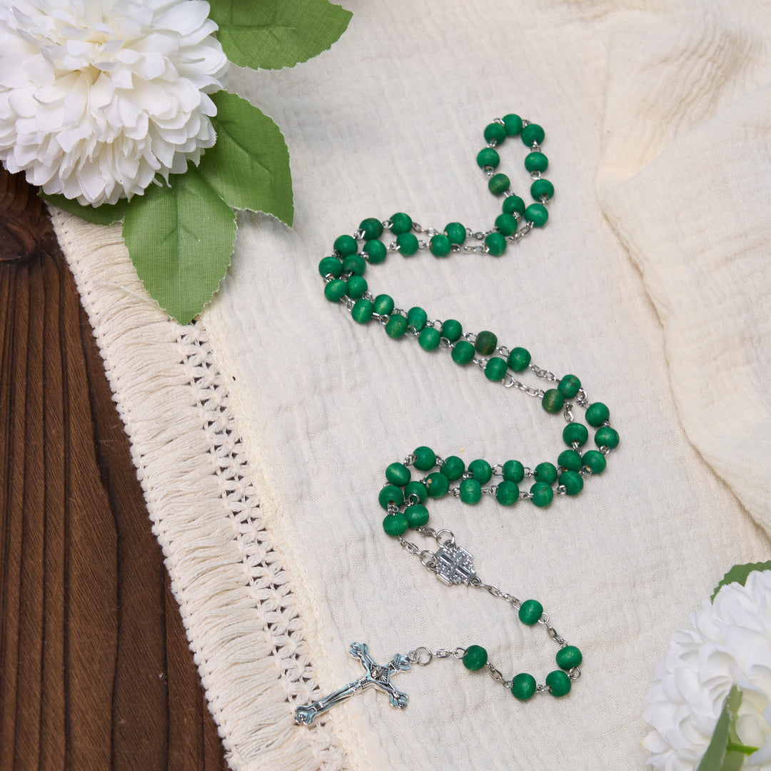 Christianartworkshop Jerusalem-Medaille und Kruzifix, 7 mm rund, weiße Rosenholzlegierung, Rosenkranzkette - image 3