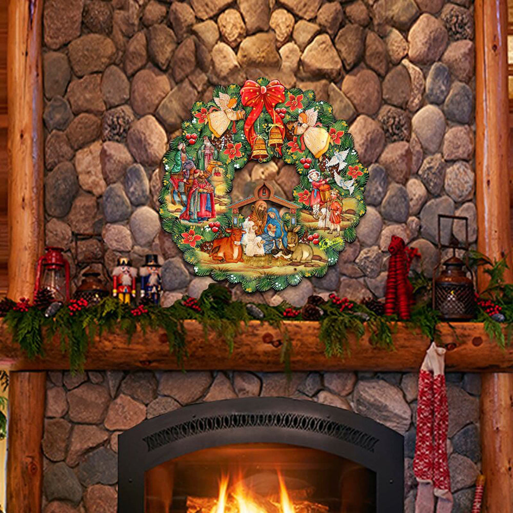 Christianartworkshop Weihnachtskrippe im farbigen Stil, Engel, Glocken, Kranz, Weihnachtskrippe, hängende Ornamente - image 1