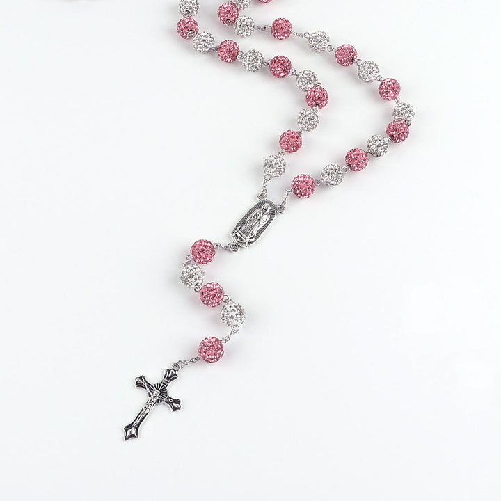 Christianartworkshop Rosenkranz „Unsere Liebe Frau von Guadalupe & Kruzifix“ aus runder, rosa-weißer Polymer-Ton-Legierung, 10 mm