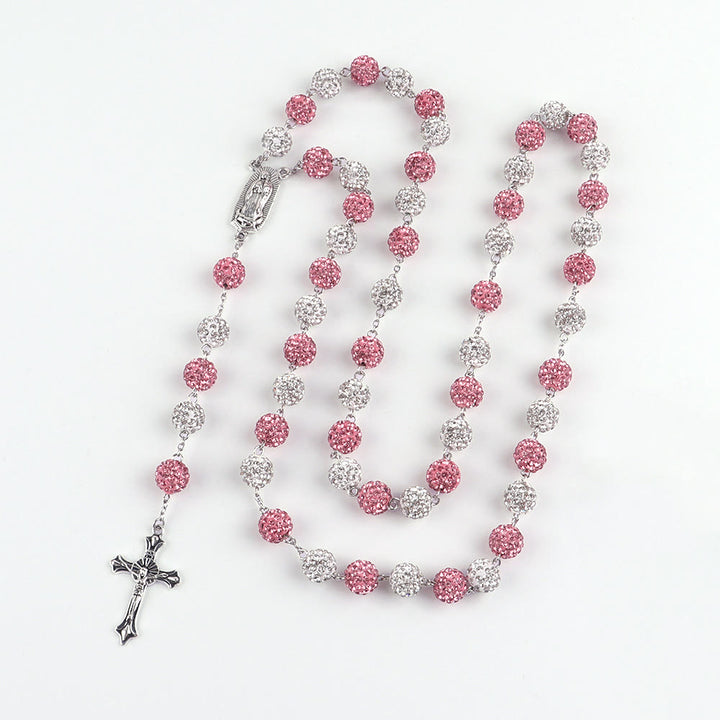 Christianartworkshop Rosenkranz „Unsere Liebe Frau von Guadalupe & Kruzifix“ aus runder, rosa-weißer Polymer-Ton-Legierung, 10 mm