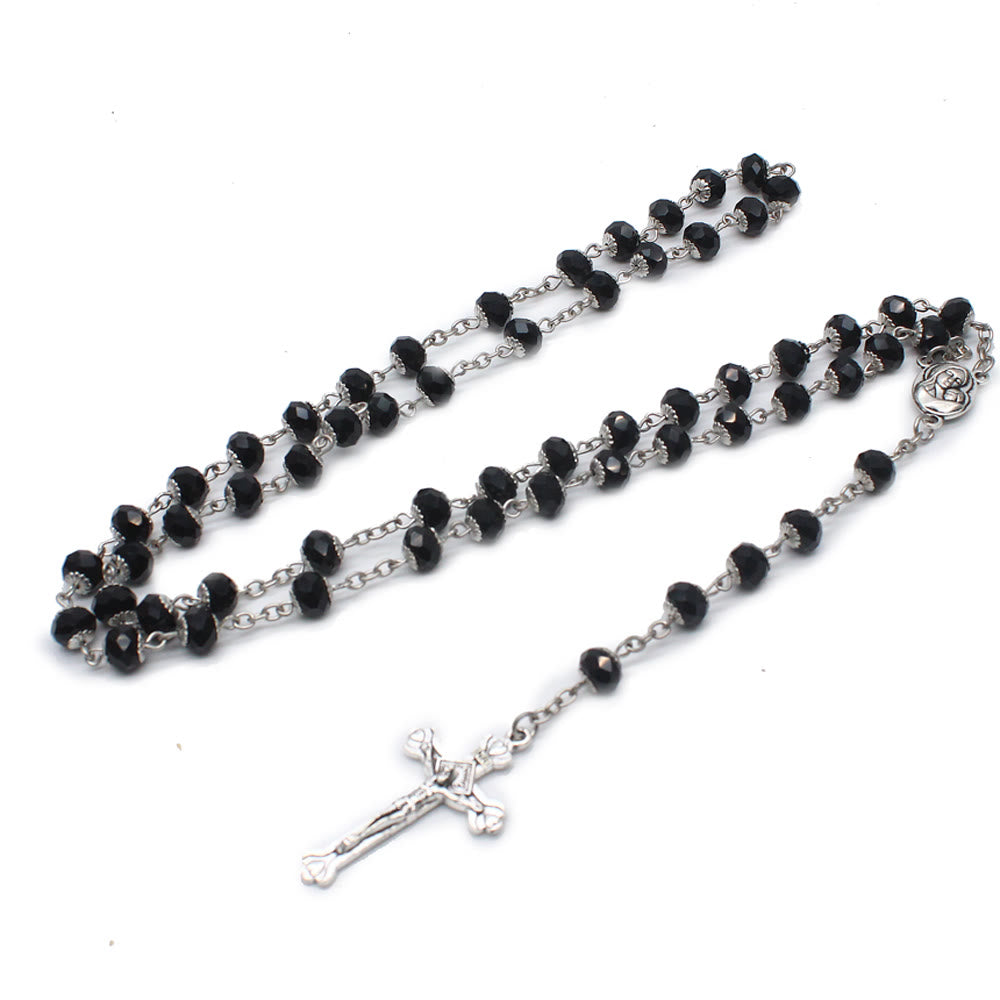Christianartworkshop Madonna mit Kind und Kruzifix aus 6 x 8 mm Polyeder, mehrfarbige Glaslegierung, Rosenkranzkette
