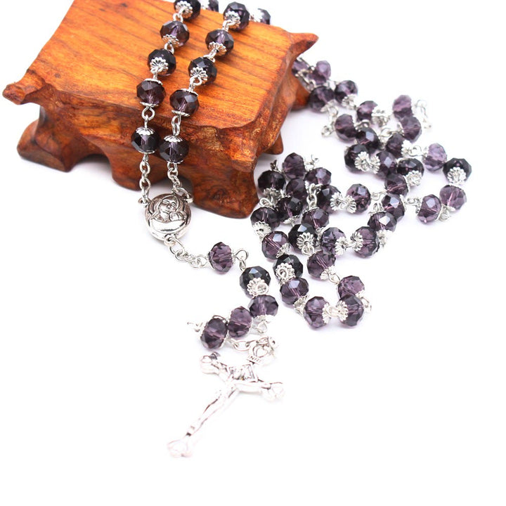 Christianartworkshop Madonna mit Kind und Kruzifix aus 6 x 8 mm Polyeder, mehrfarbige Glaslegierung, Rosenkranzkette