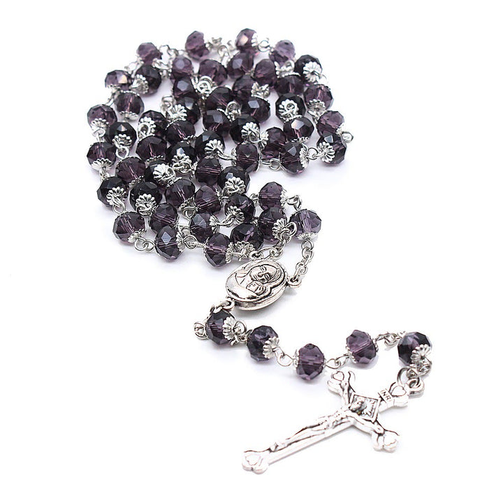 Christianartworkshop Madonna mit Kind und Kruzifix aus 6 x 8 mm Polyeder, mehrfarbige Glaslegierung, Rosenkranzkette