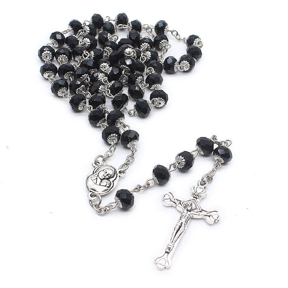 Christianartworkshop Madonna mit Kind und Kruzifix aus 6 x 8 mm Polyeder, mehrfarbige Glaslegierung, Rosenkranzkette