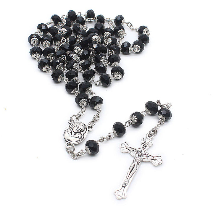 Christianartworkshop Madonna mit Kind und Kruzifix aus 6 x 8 mm Polyeder, mehrfarbige Glaslegierung, Rosenkranzkette