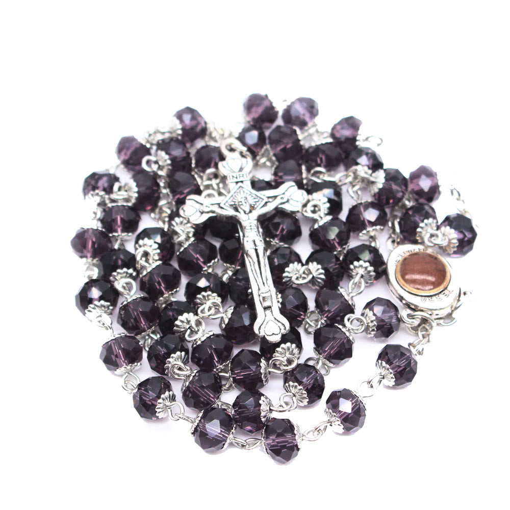 Christianartworkshop Madonna mit Kind und Kruzifix aus 6 x 8 mm Polyeder, mehrfarbige Glaslegierung, Rosenkranzkette
