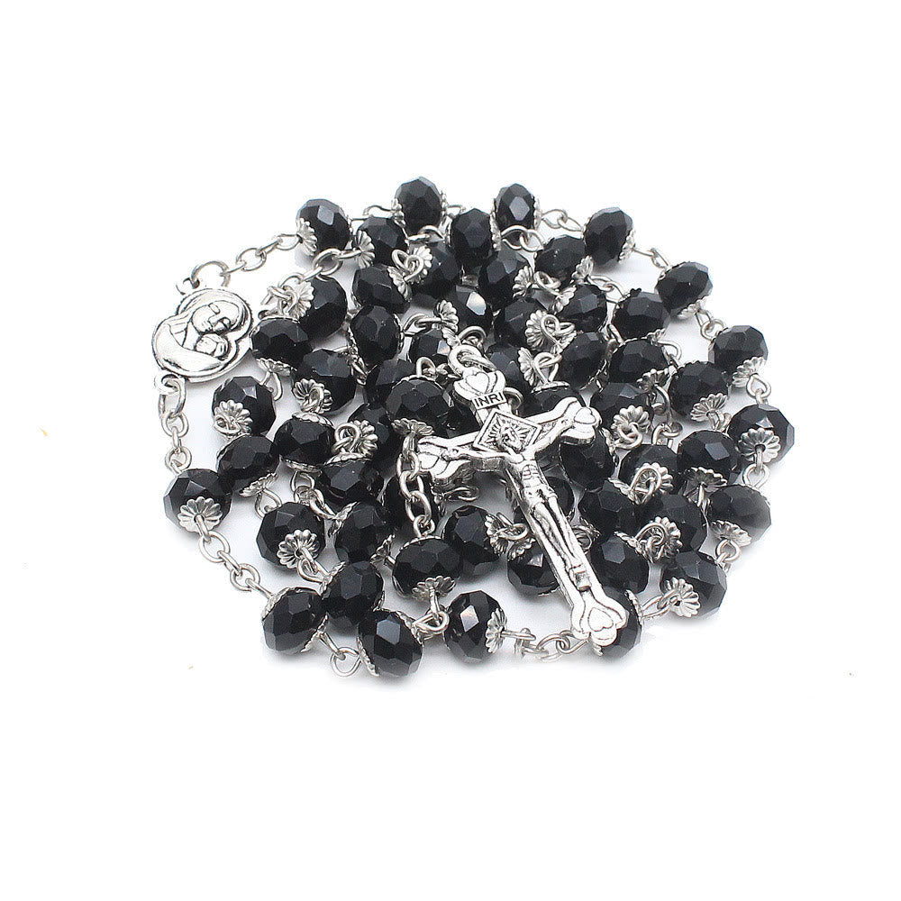 Christianartworkshop Madonna mit Kind und Kruzifix aus 6 x 8 mm Polyeder, mehrfarbige Glaslegierung, Rosenkranzkette