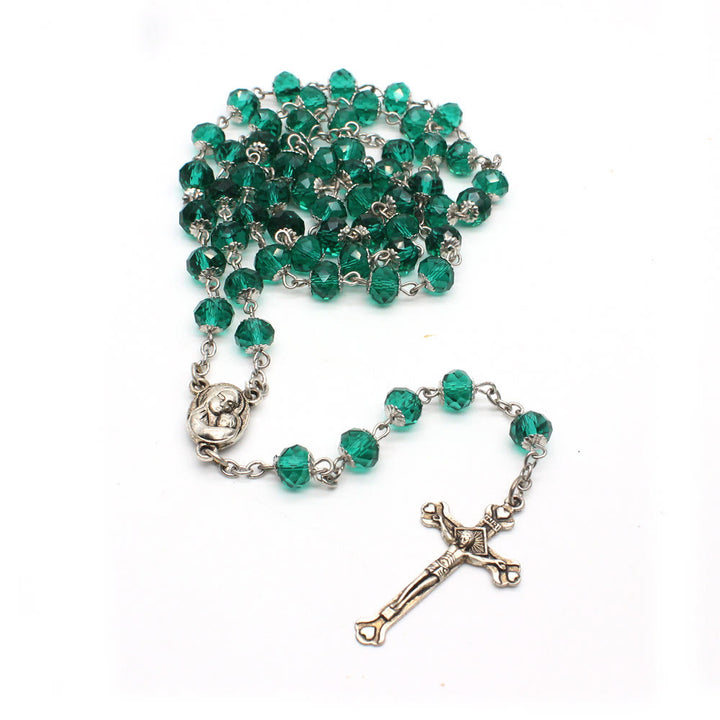 Christianartworkshop Madonna mit Kind und Kruzifix aus 6 x 8 mm Polyeder, mehrfarbige Glaslegierung, Rosenkranzkette