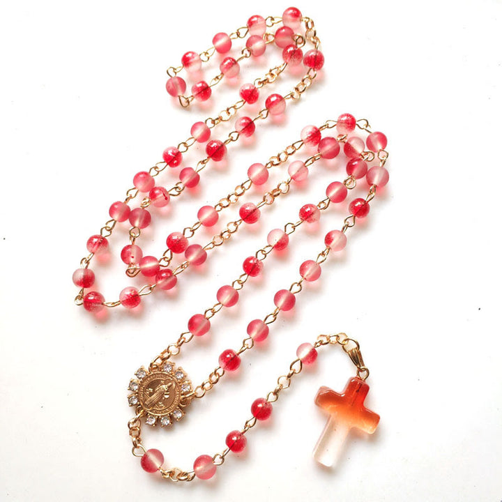Christianartworkshop St. Benedikt-Medaille und Kreuz aus 6 mm runder roter Glaslegierungskette mit Rosenkranz