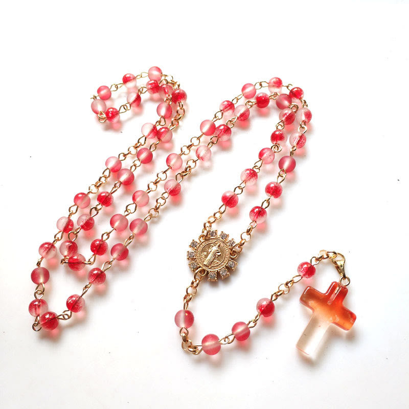 Christianartworkshop St. Benedikt-Medaille und Kreuz aus 6 mm runder roter Glaslegierungskette mit Rosenkranz