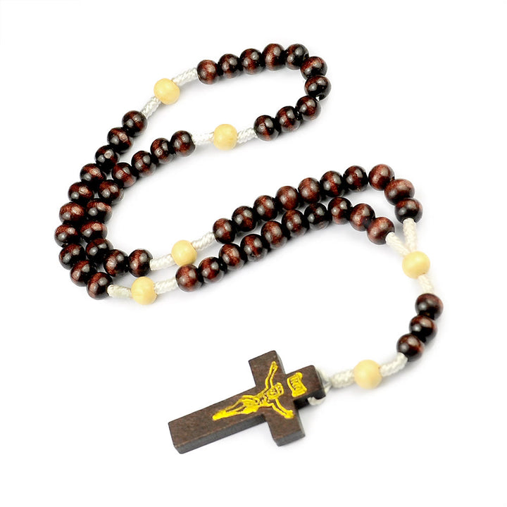 Christianartworkshop Kruzifix aus 7 x 8 mm rundem, mehrfarbigem Holz und Nylonschnur-Rosenkranz