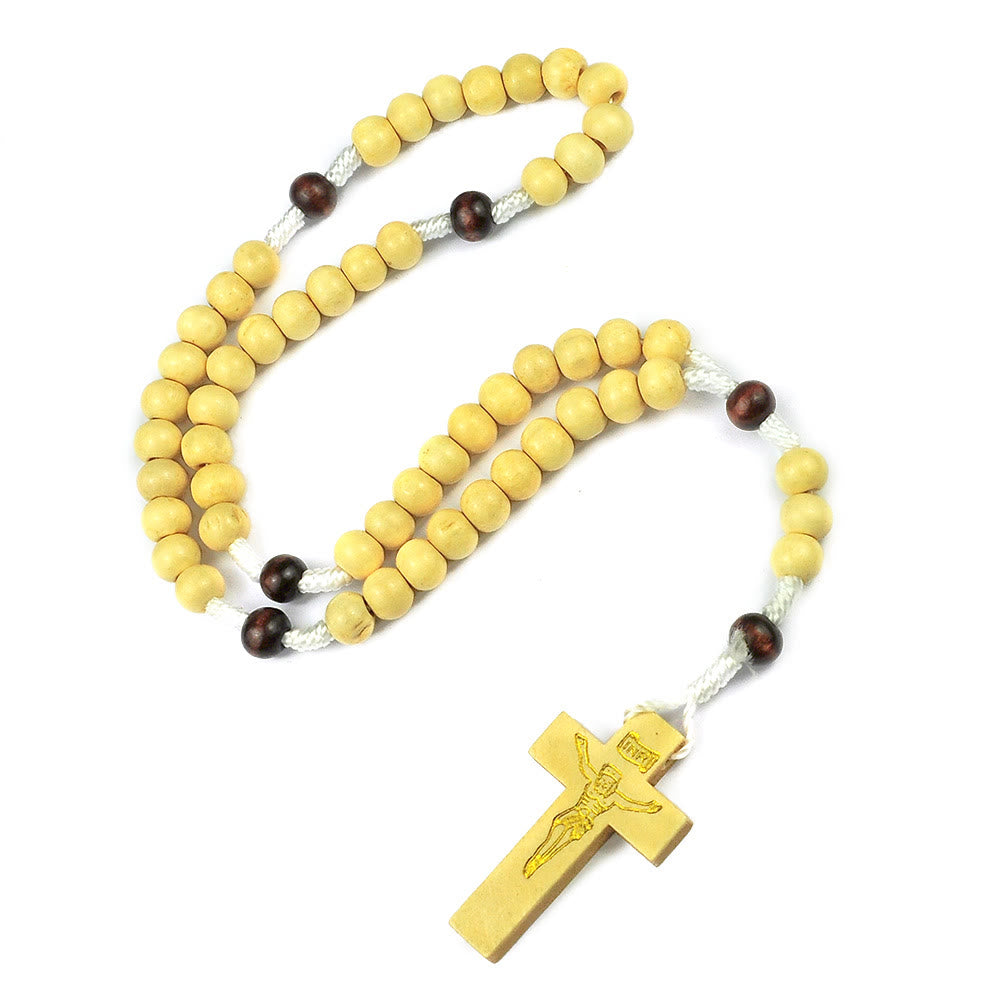 Christianartworkshop Kruzifix aus 7 x 8 mm rundem, mehrfarbigem Holz und Nylonschnur-Rosenkranz