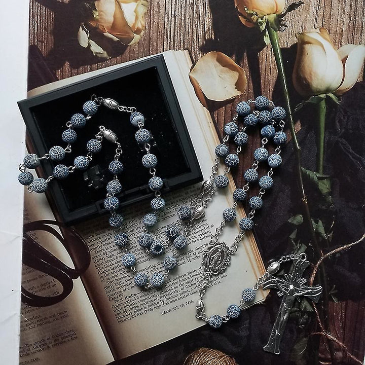 Christianartworkshop Wundertätige Medaille und Kruzifix aus 8 mm rundem, blauem, verwittertem Achat, Legierungskette, Rosenkranz