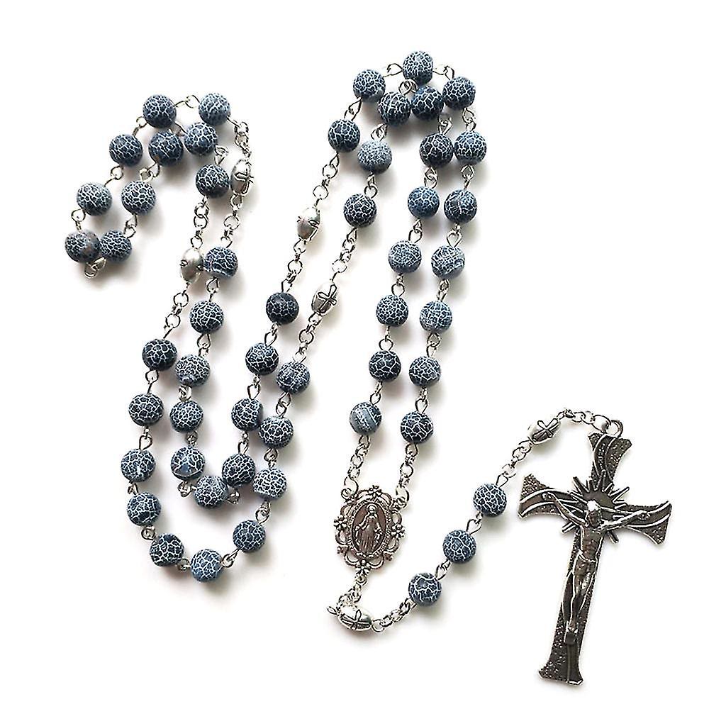 Christianartworkshop Wundertätige Medaille und Kruzifix aus 8 mm rundem, blauem, verwittertem Achat, Legierungskette, Rosenkranz