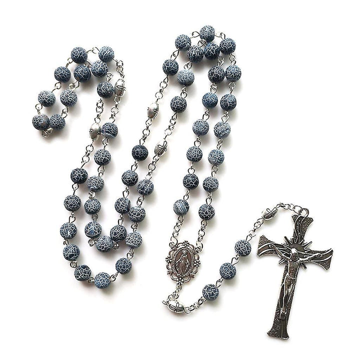 Christianartworkshop Wundertätige Medaille und Kruzifix aus 8 mm rundem, blauem, verwittertem Achat, Legierungskette, Rosenkranz