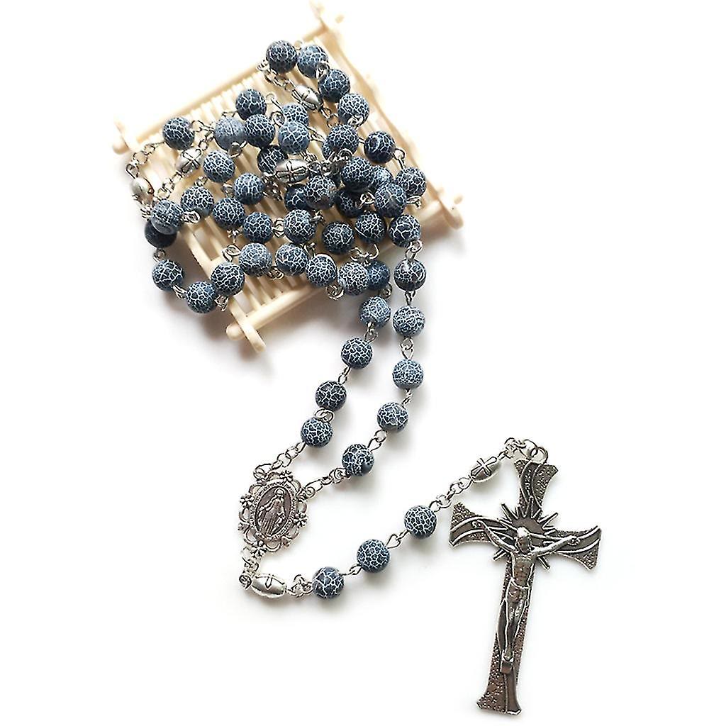 Christianartworkshop Wundertätige Medaille und Kruzifix aus 8 mm rundem, blauem, verwittertem Achat, Legierungskette, Rosenkranz