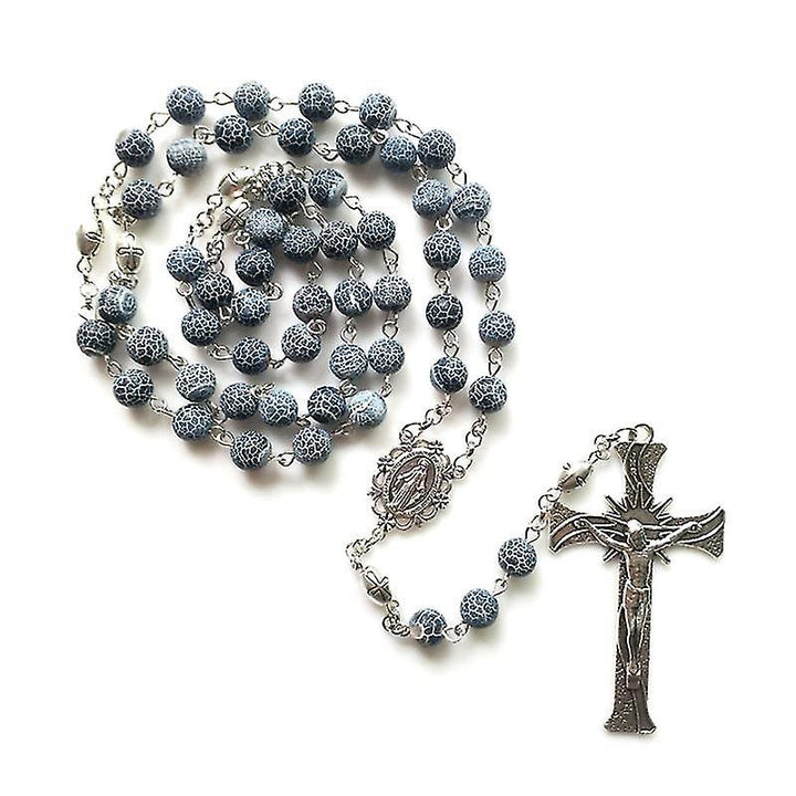 Christianartworkshop Wundertätige Medaille und Kruzifix aus 8 mm rundem, blauem, verwittertem Achat, Legierungskette, Rosenkranz