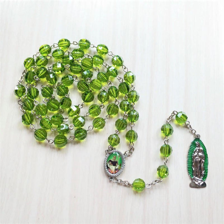 Christianartworkshop Rosenkranz mit Kette aus Polyeder, Heiliger Judas Thaddäus und Unsere Liebe Frau von Guadalupe, 8 mm, grüne Kristalllegierung