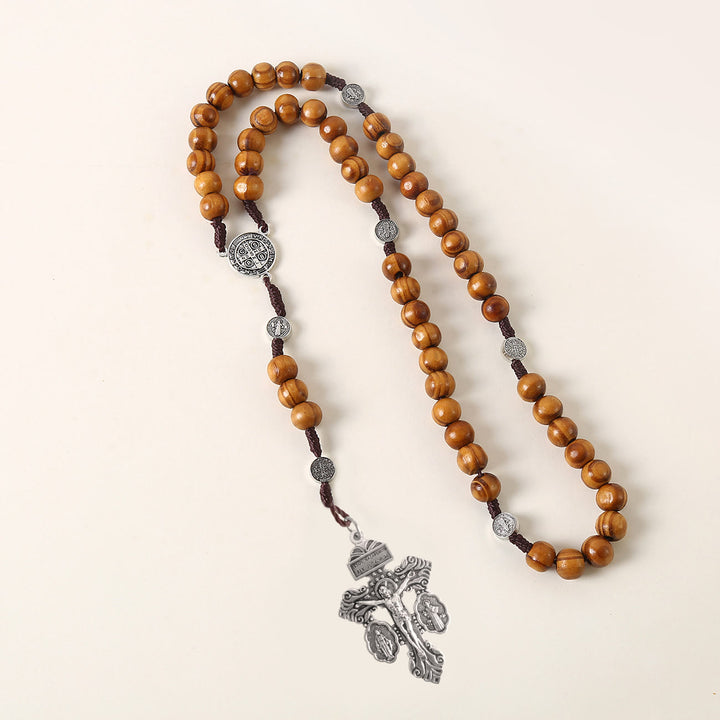 Christianartworkshop St. Benedikt-Medaille und Pardon-Kruzifix aus 10 mm rundem Rosenkranz aus braunem Holz und Nylonschnur
