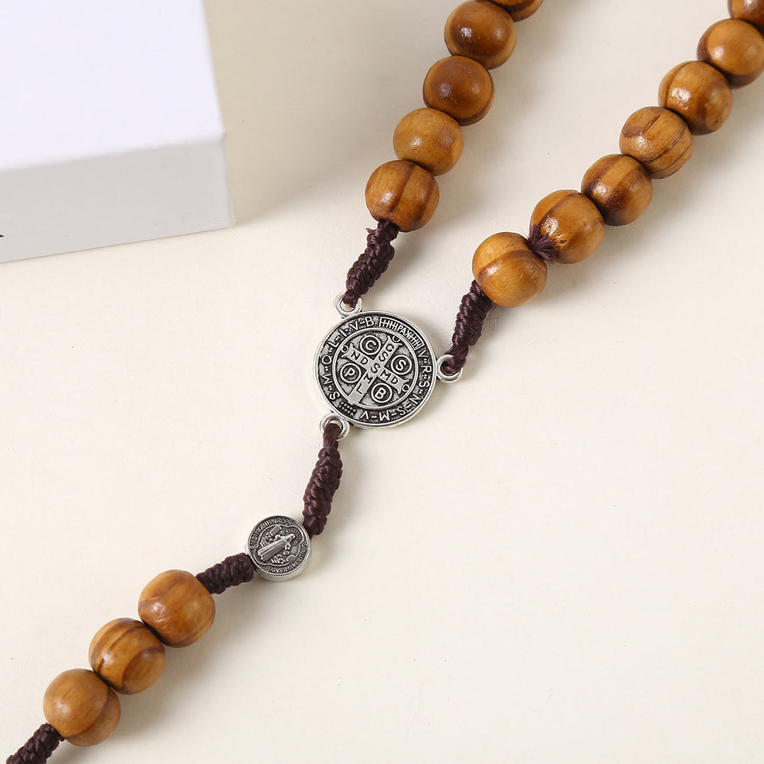 Christianartworkshop St. Benedikt-Medaille und Pardon-Kruzifix aus 10 mm rundem Rosenkranz aus braunem Holz und Nylonschnur
